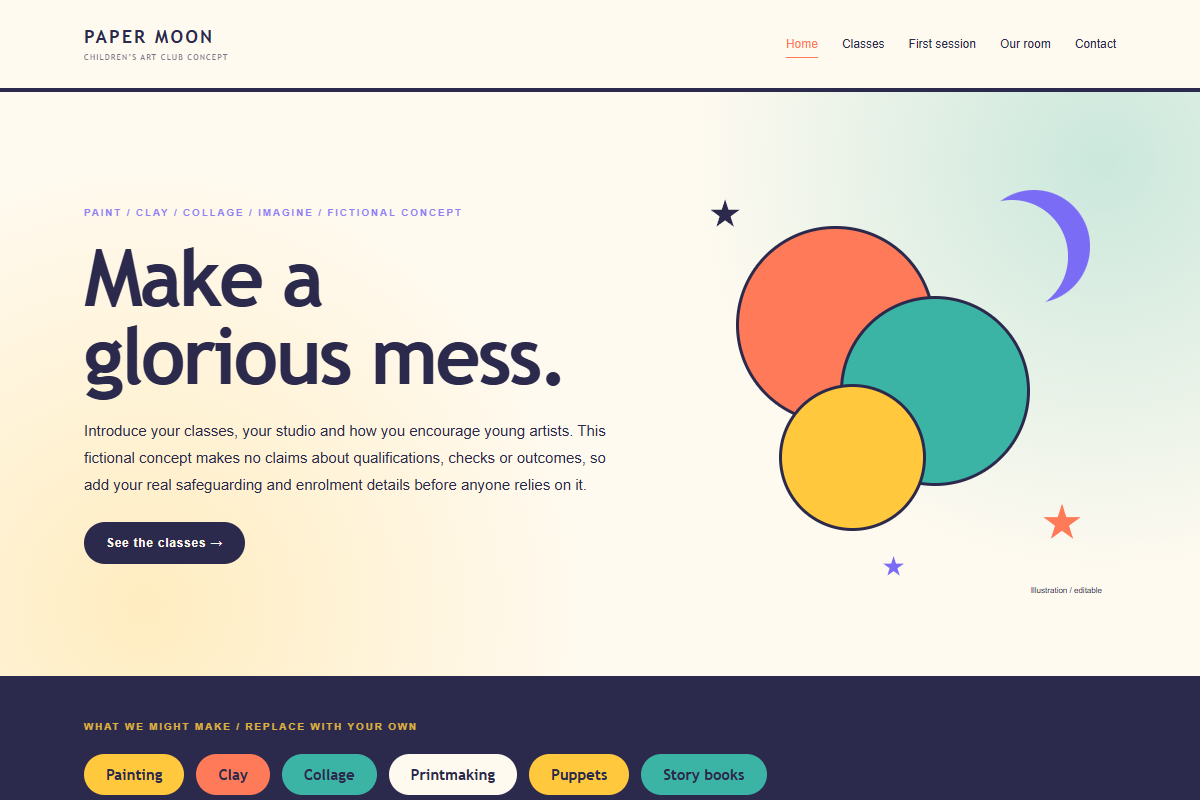 Paper Moon Art Club website design preview