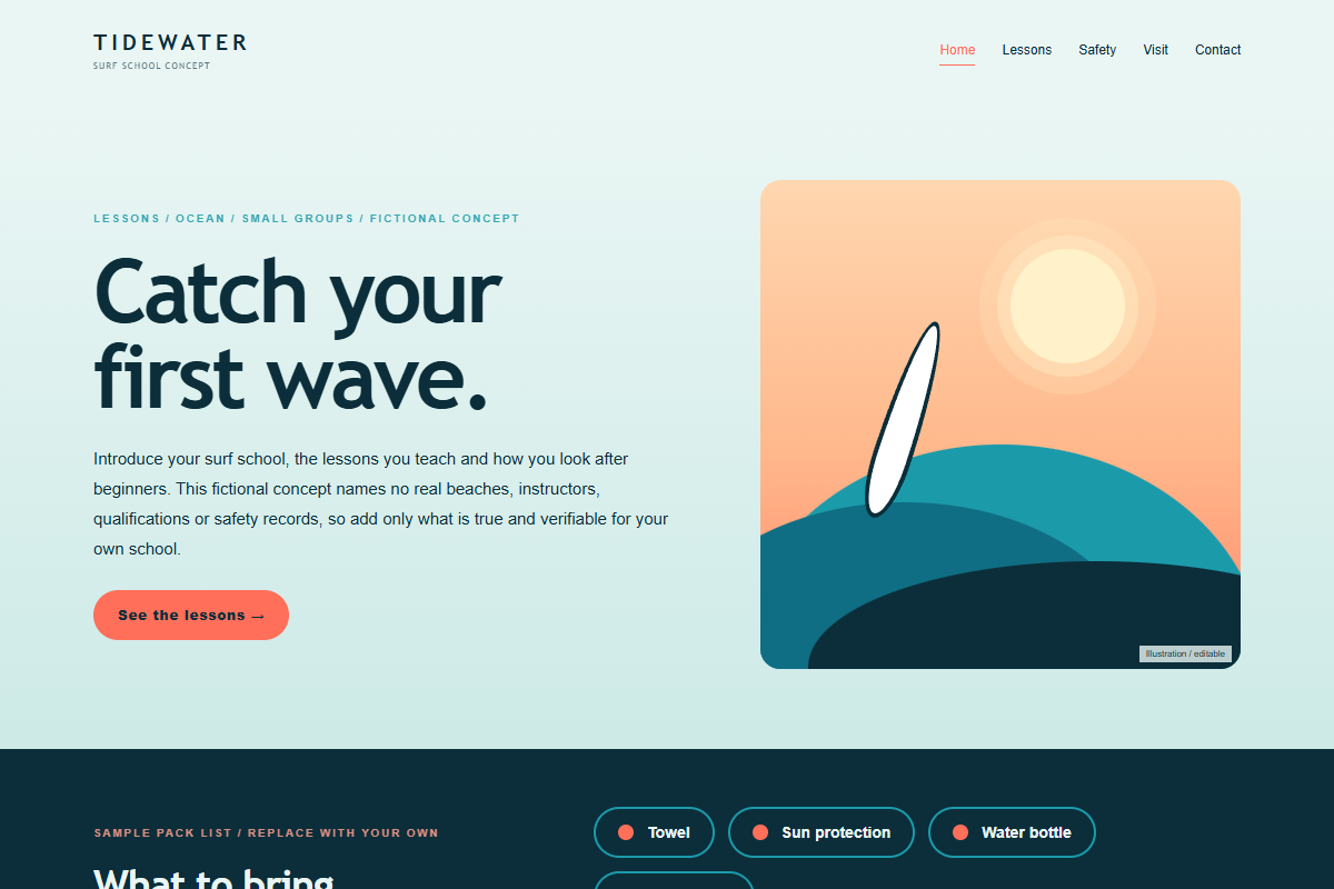 Tidewater Surf School website design preview